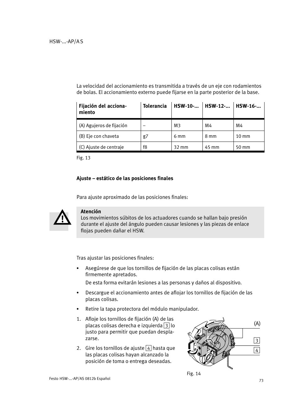 Ajuste ć estático de las posiciones finales | Festo HSW-...-AP/AS User Manual | Page 73 / 184