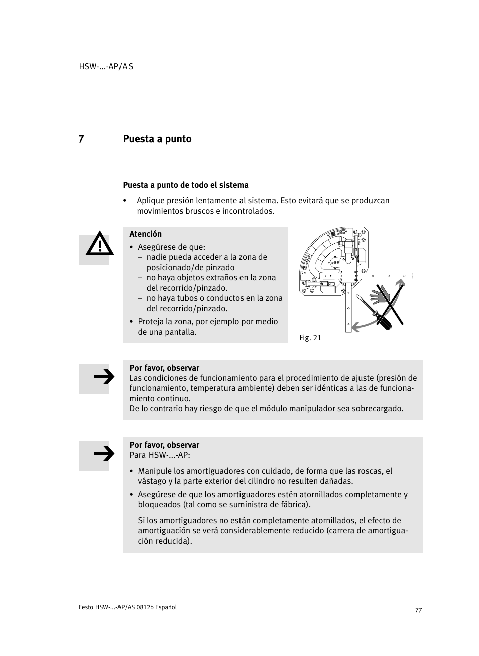 7 puesta a punto, Puesta a punto de todo el sistema, Puesta a punto | 7puesta a punto | Festo HSW-...-AP/AS User Manual | Page 77 / 184