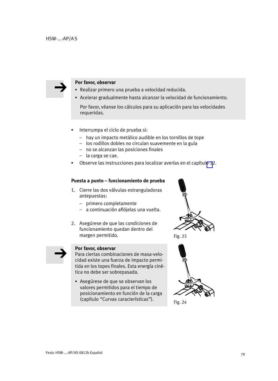 Puesta a punto ć funcionamiento de prueba | Festo HSW-...-AP/AS User Manual | Page 79 / 184