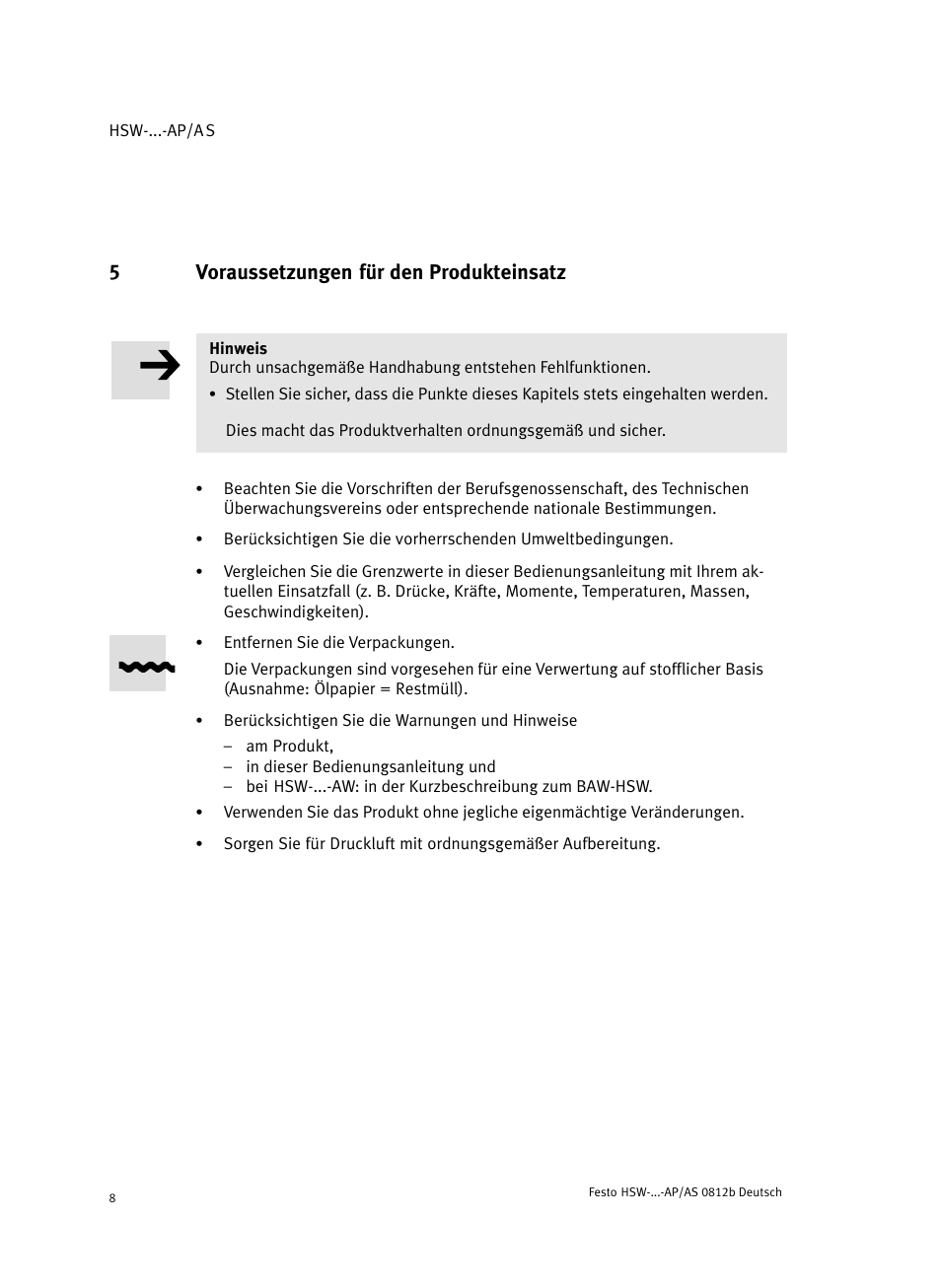 5 voraussetzungen für den produkteinsatz, Voraussetzungen für den produkteinsatz, 5voraussetzungen für den produkteinsatz | Festo HSW-...-AP/AS User Manual | Page 8 / 184