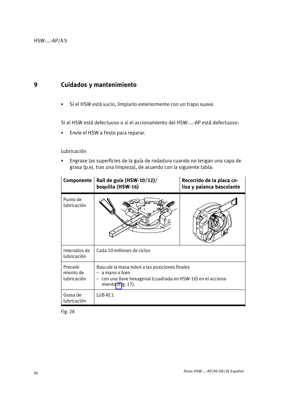 9 cuidados y mantenimiento, Cuidados y mantenimiento, 9cuidados y mantenimiento | Festo HSW-...-AP/AS User Manual | Page 84 / 184