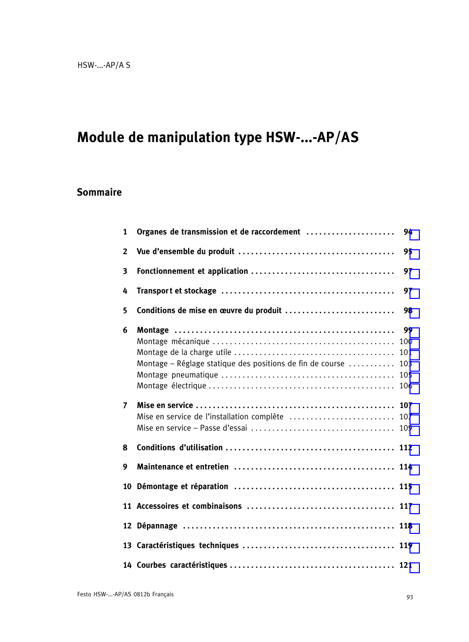 Français, Module de manipulation type hsw−...−ap/as français, Sommaire | Festo HSW-...-AP/AS User Manual | Page 93 / 184