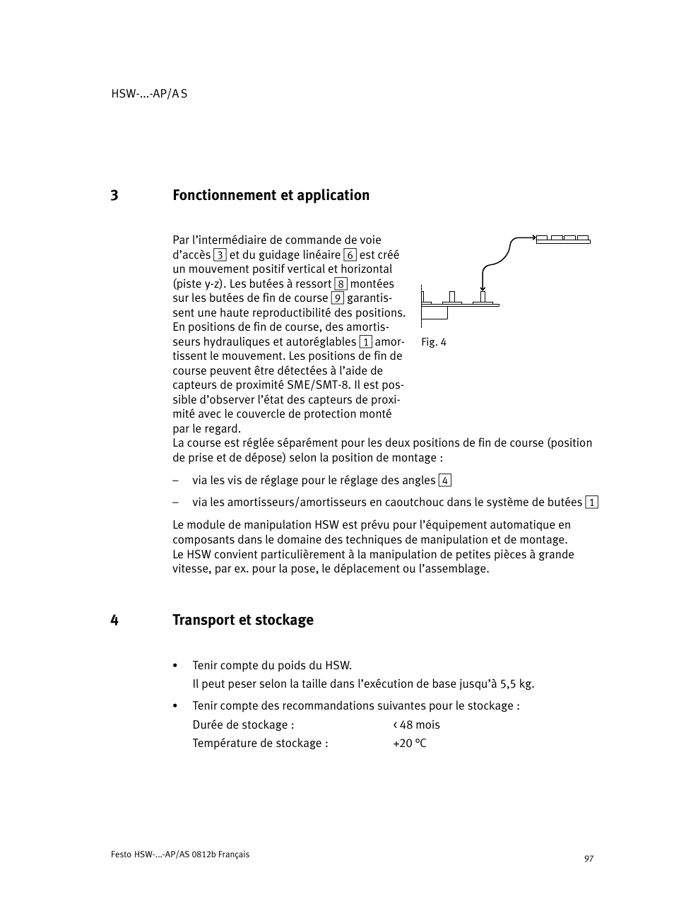 3 fonctionnement et application, 4 transport et stockage, Fonctionnement et application | Transpor t et stockage, 3fonctionnement et application, 4transport et stockage | Festo HSW-...-AP/AS User Manual | Page 97 / 184