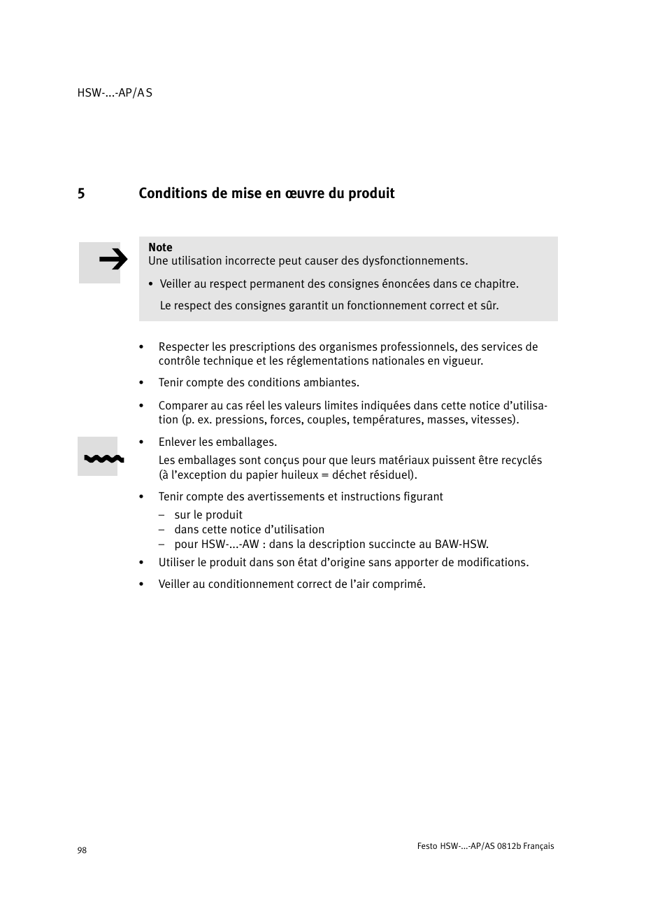 5 conditions de mise en ĺuvre du produit, Conditions de mise en ĺuvre du produit, 5conditions de mise en ĺuvre du produit | Festo HSW-...-AP/AS User Manual | Page 98 / 184