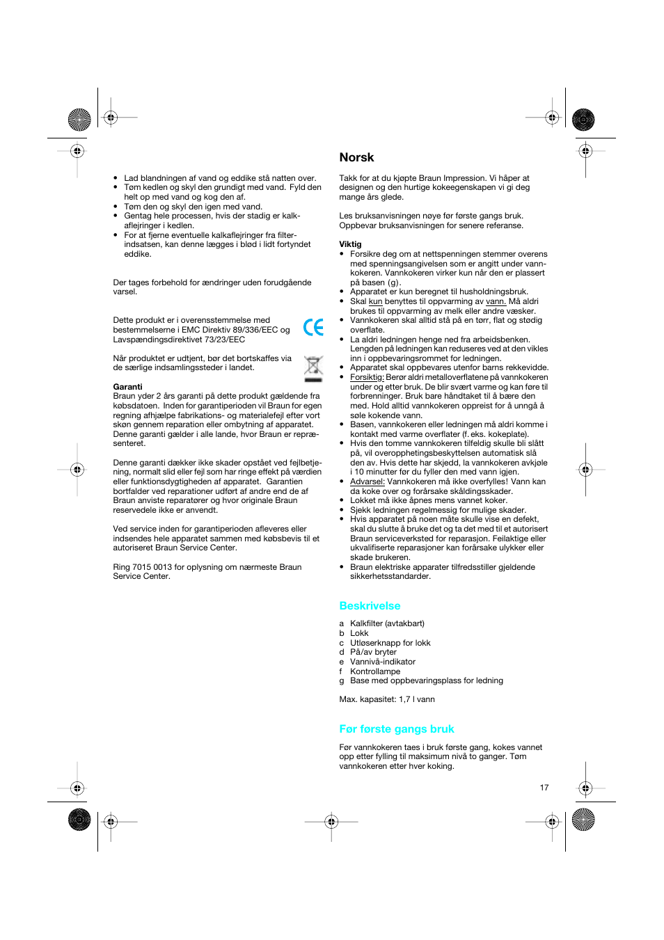 Norsk, Beskrivelse, Før første gangs bruk | Braun 3214 User Manual | Page 17 / 45