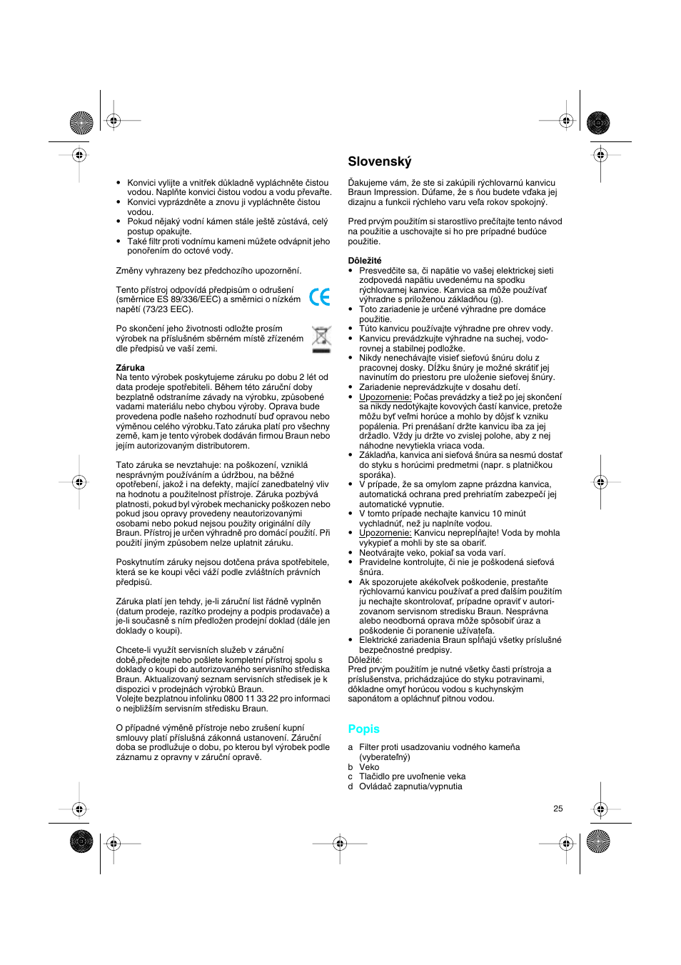 Slovensk, Popis | Braun 3214 User Manual | Page 25 / 45