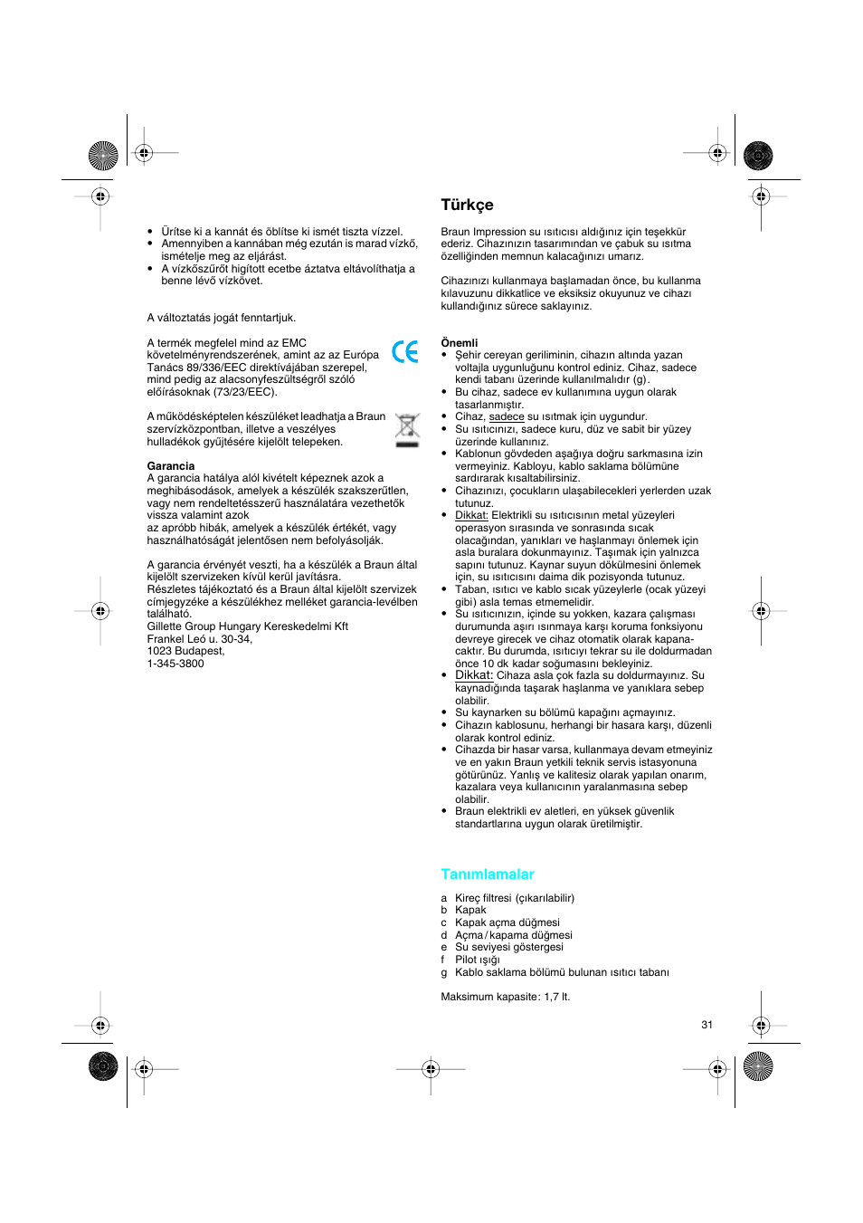 Türkçe, Tanımlamalar | Braun 3214 User Manual | Page 31 / 45