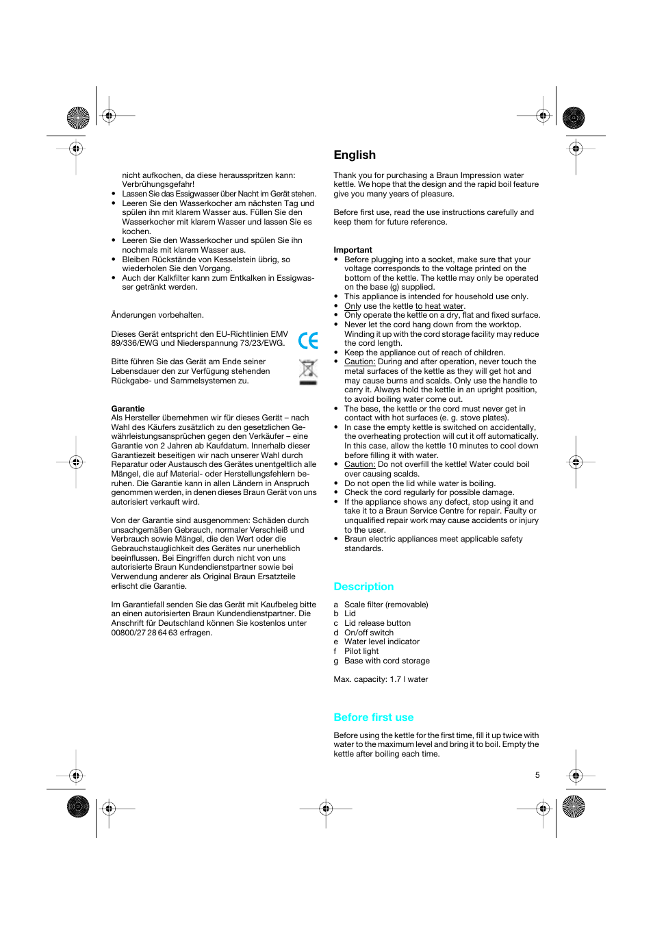 English, Description, Before first use | Braun 3214 User Manual | Page 5 / 45