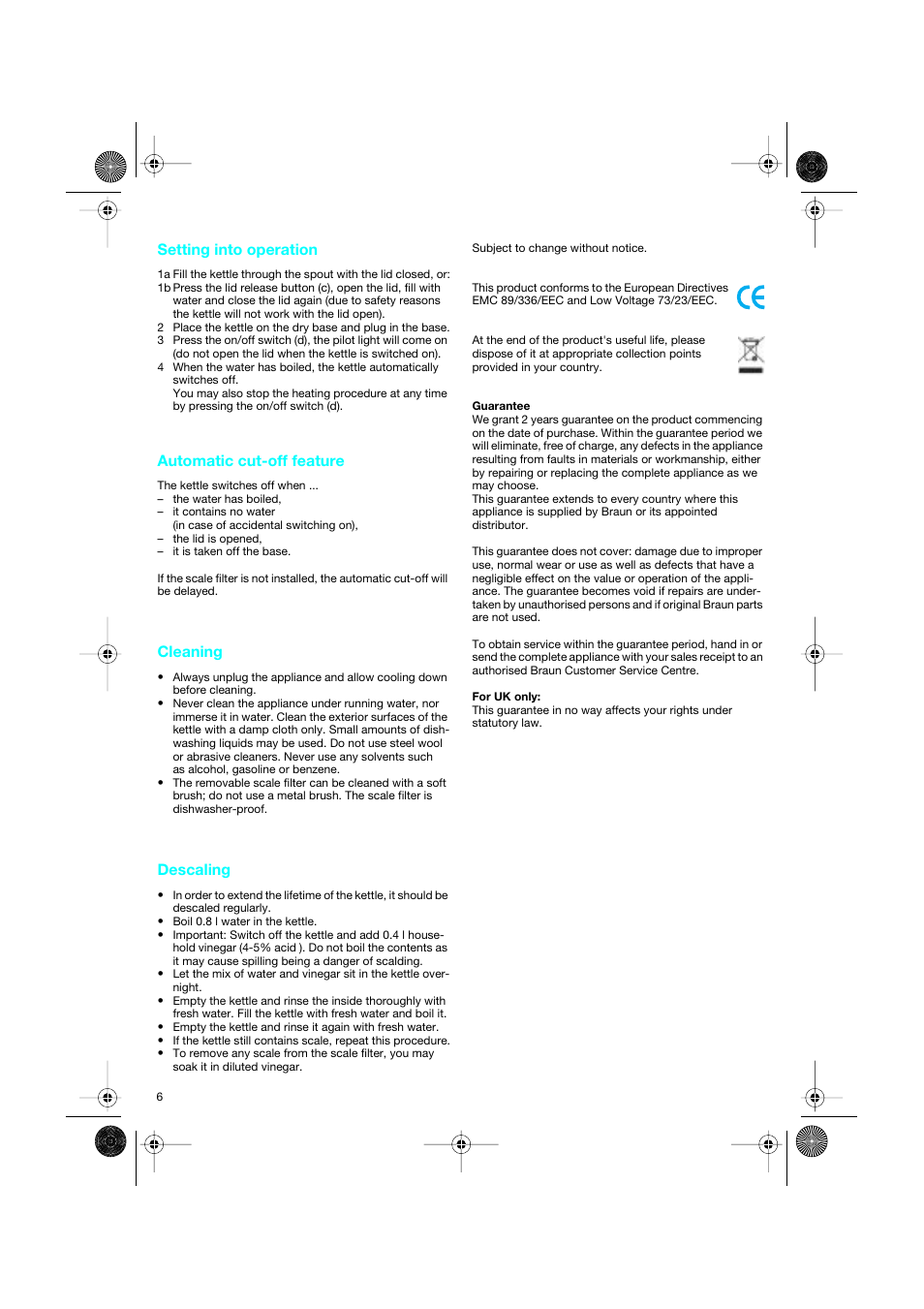 Setting into operation, Automatic cut-off feature, Cleaning | Descaling | Braun 3214 User Manual | Page 6 / 45