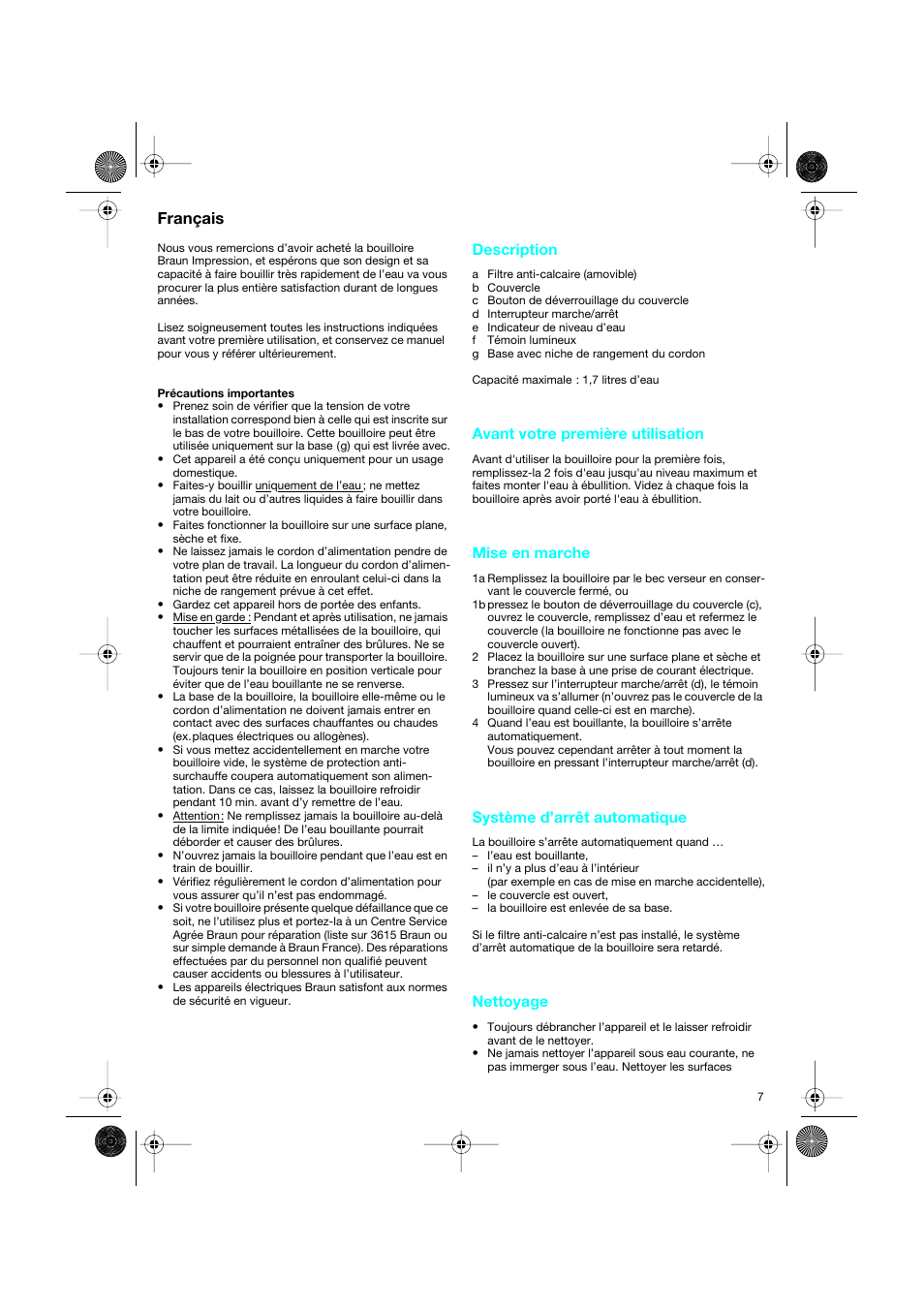 Français, Description, Avant votre première utilisation | Mise en marche, Système d’arrêt automatique, Nettoyage | Braun 3214 User Manual | Page 7 / 45