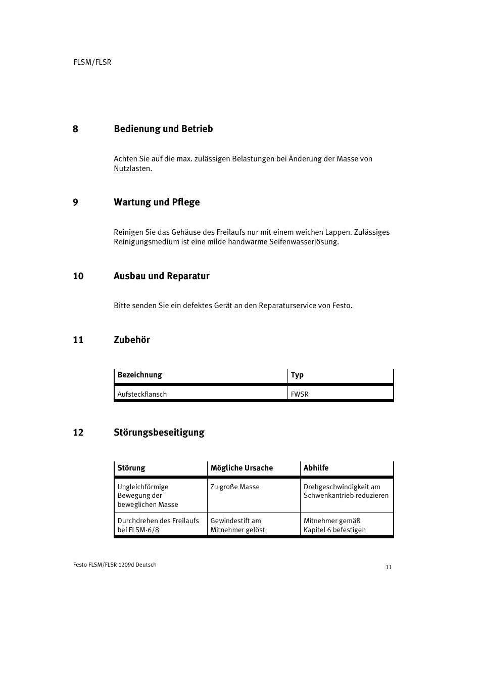 8 bedienung und betrieb, 9 wartung und pflege, 10 ausbau und reparatur | 11 zubehör, 12 störungsbeseitigung | Festo FLSR User Manual | Page 11 / 88