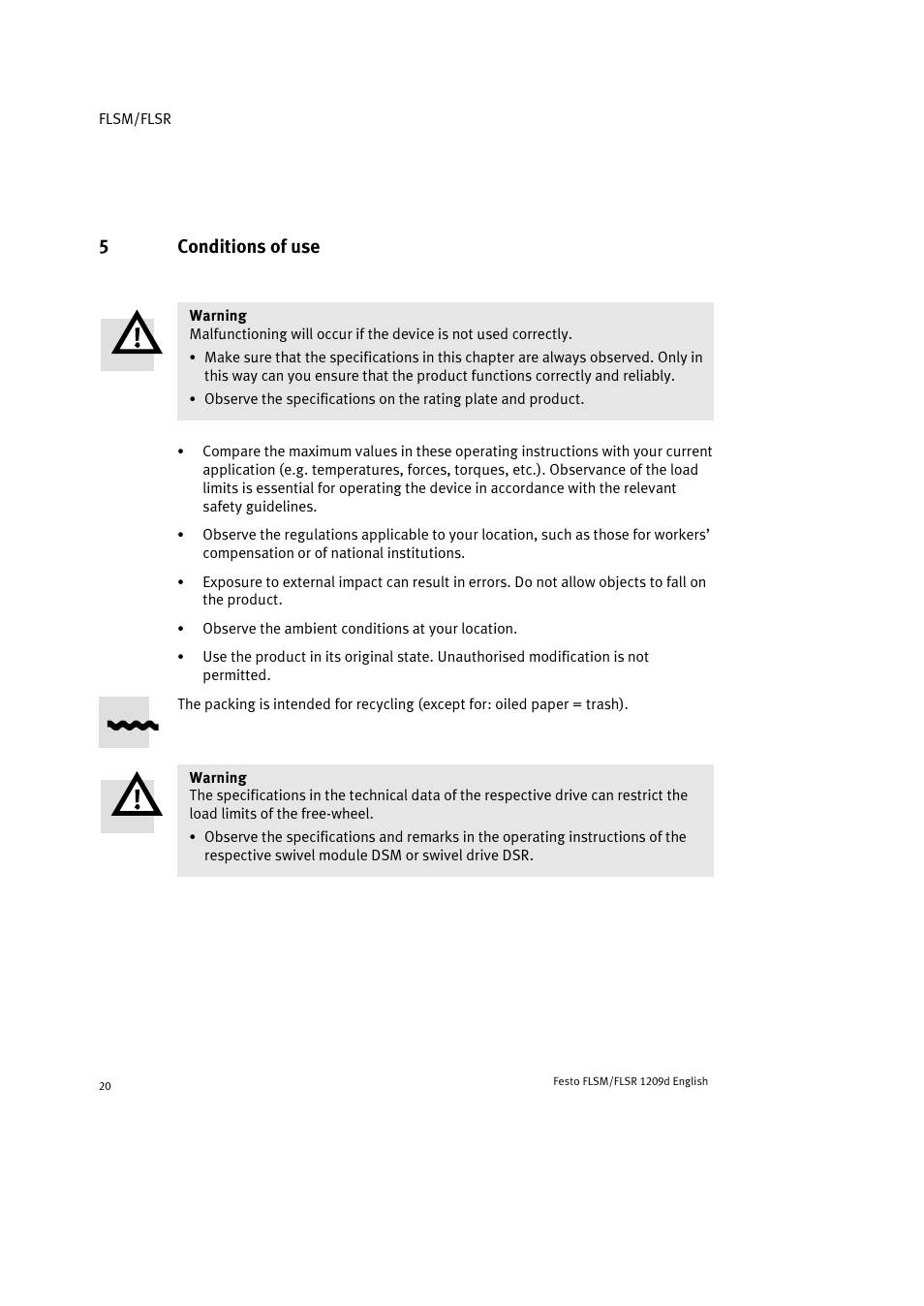 5 conditions of use, 5conditions of use | Festo FLSR User Manual | Page 20 / 88