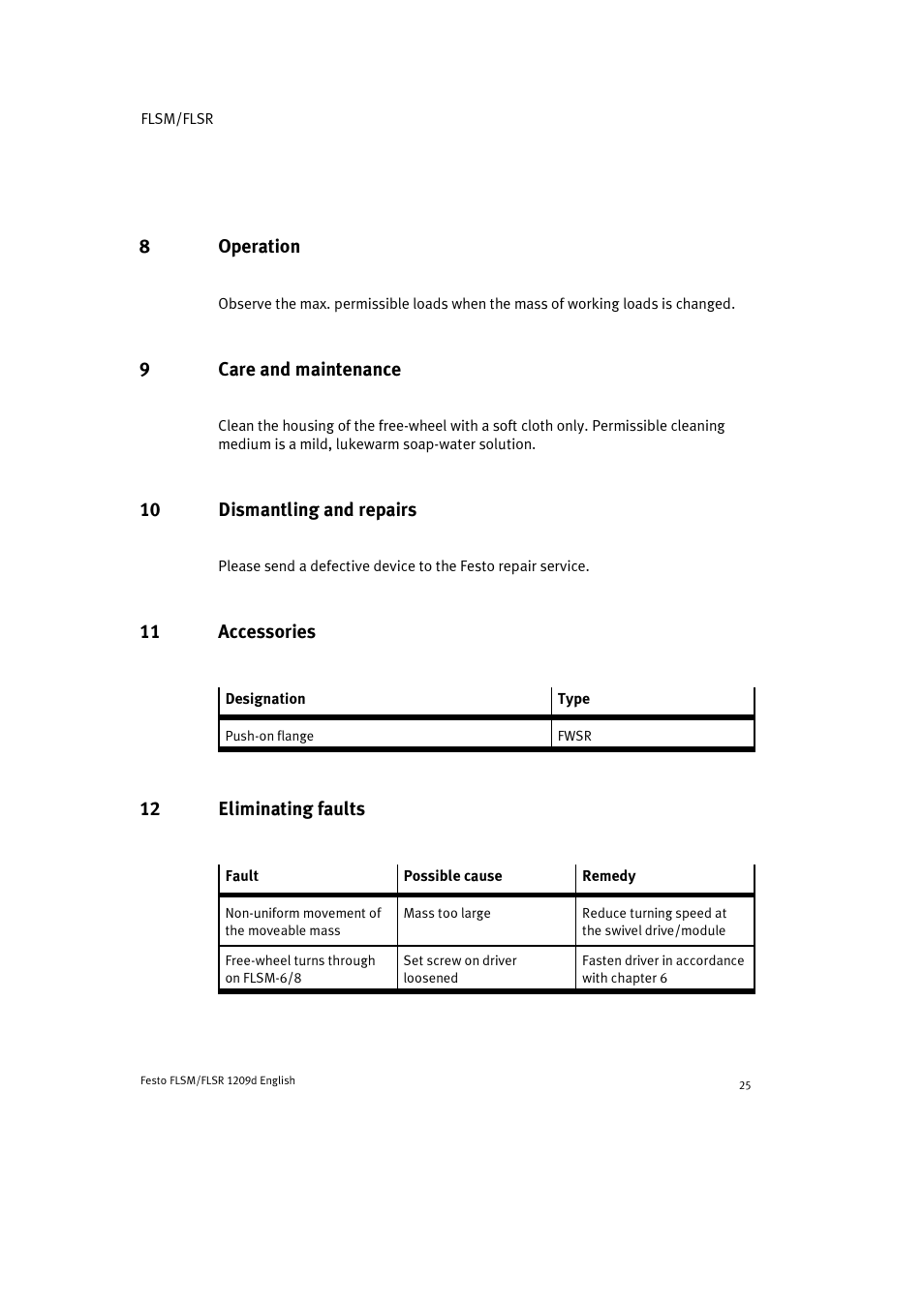 8 operation, 9 care and maintenance, 10 dismantling and repairs | 11 accessories, 12 eliminating faults | Festo FLSR User Manual | Page 25 / 88