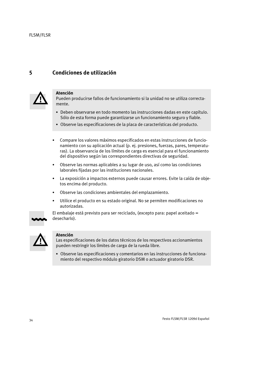 5 condiciones de utilización, 5condiciones de utilización | Festo FLSR User Manual | Page 34 / 88