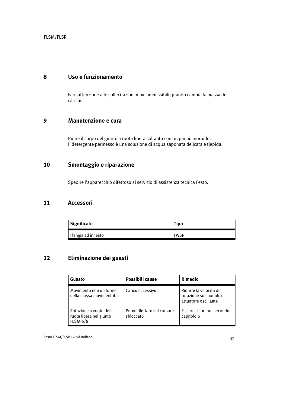 8 uso e funzionamento, 9 manutenzione e cura, 10 smontaggio e riparazione | 11 accessori, 12 eliminazione dei guasti | Festo FLSR User Manual | Page 67 / 88