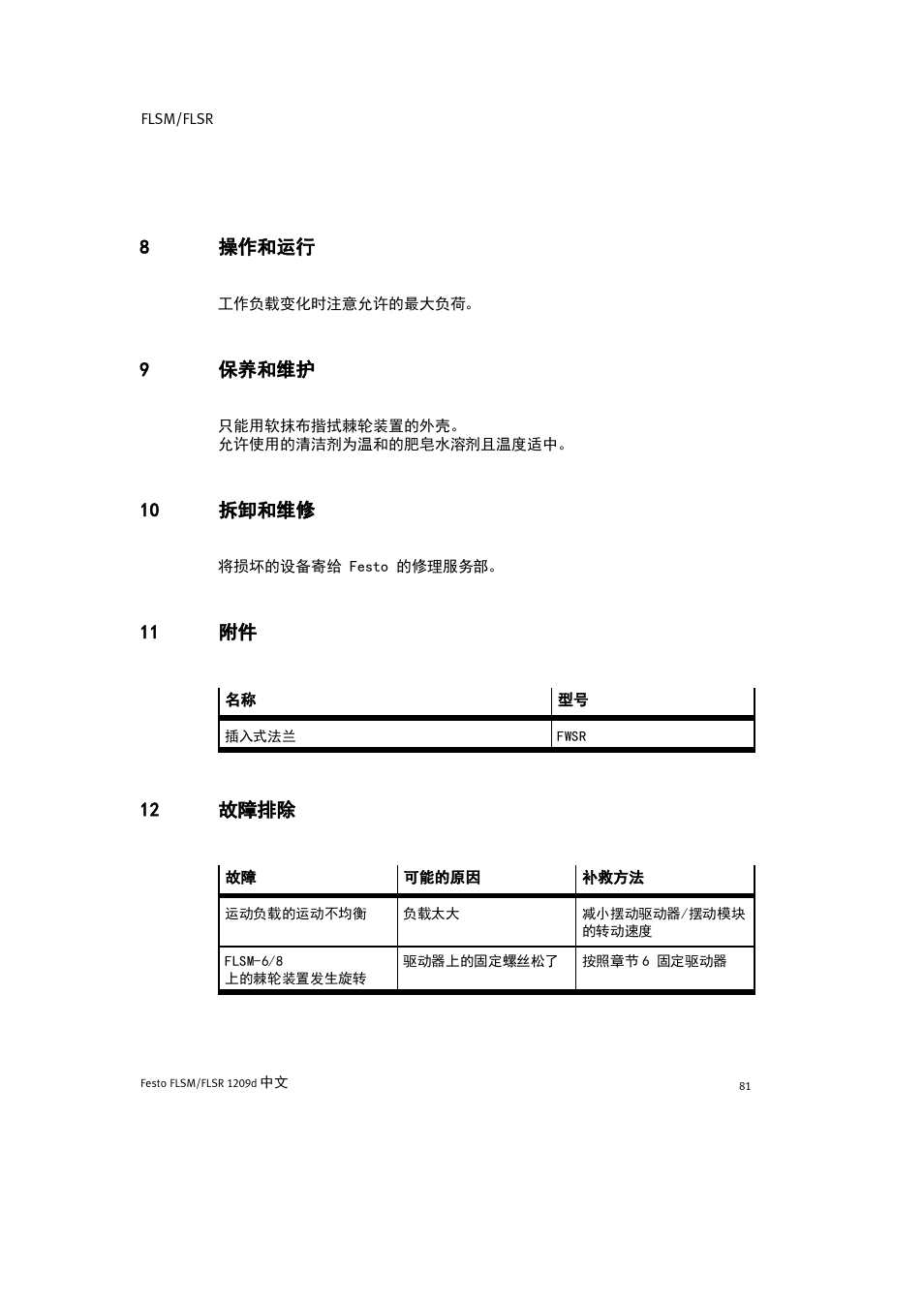 8 操作和运行, 9 保养和维护, 10 拆卸和维修 | 11 附件, 12 故障排除 | Festo FLSR User Manual | Page 81 / 88