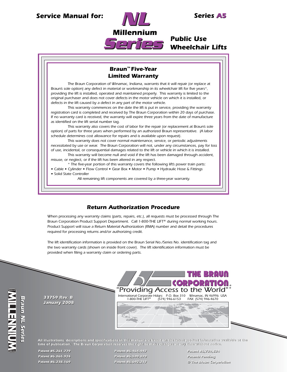 Hzg^zh, Millennium, Public use wheelchair lifts | Providing access to the world, Service manual for: a5 series a5 | Braun MILLENNIUM A5 User Manual | Page 32 / 32