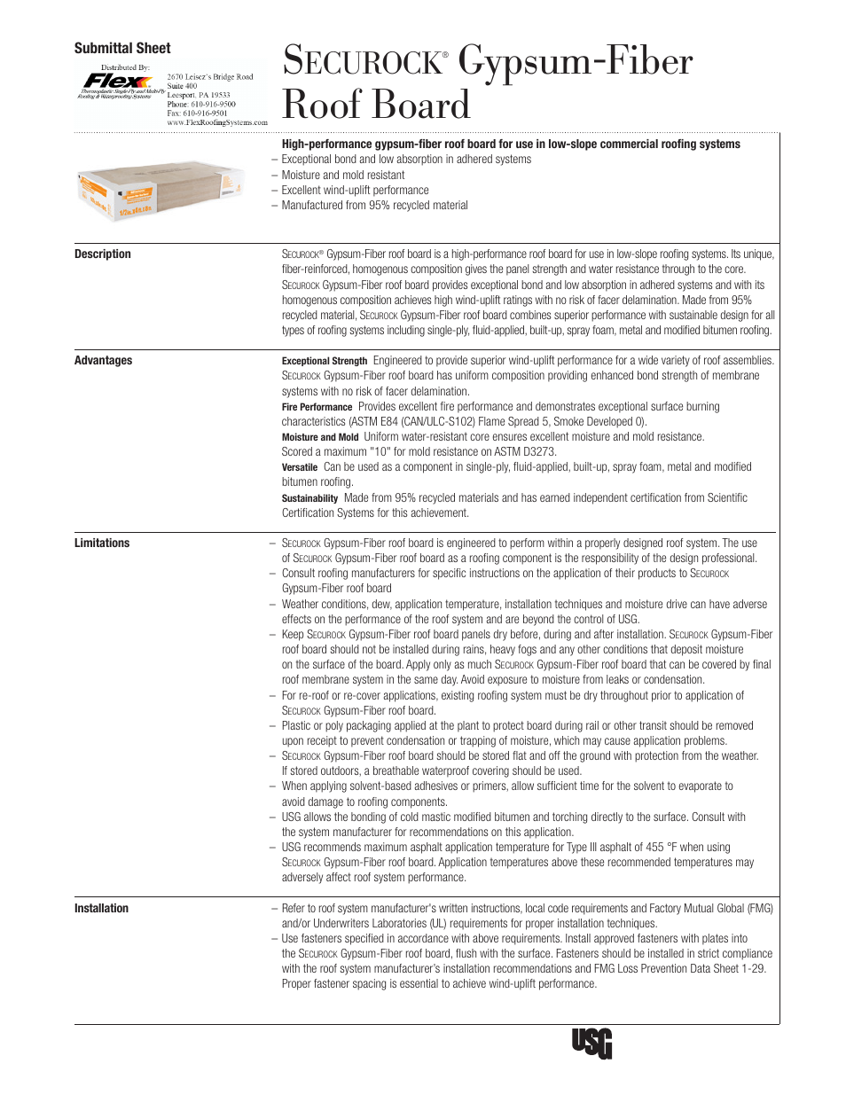 Flex Securock Gypsum-Fiber Roof Board User Manual | 2 pages