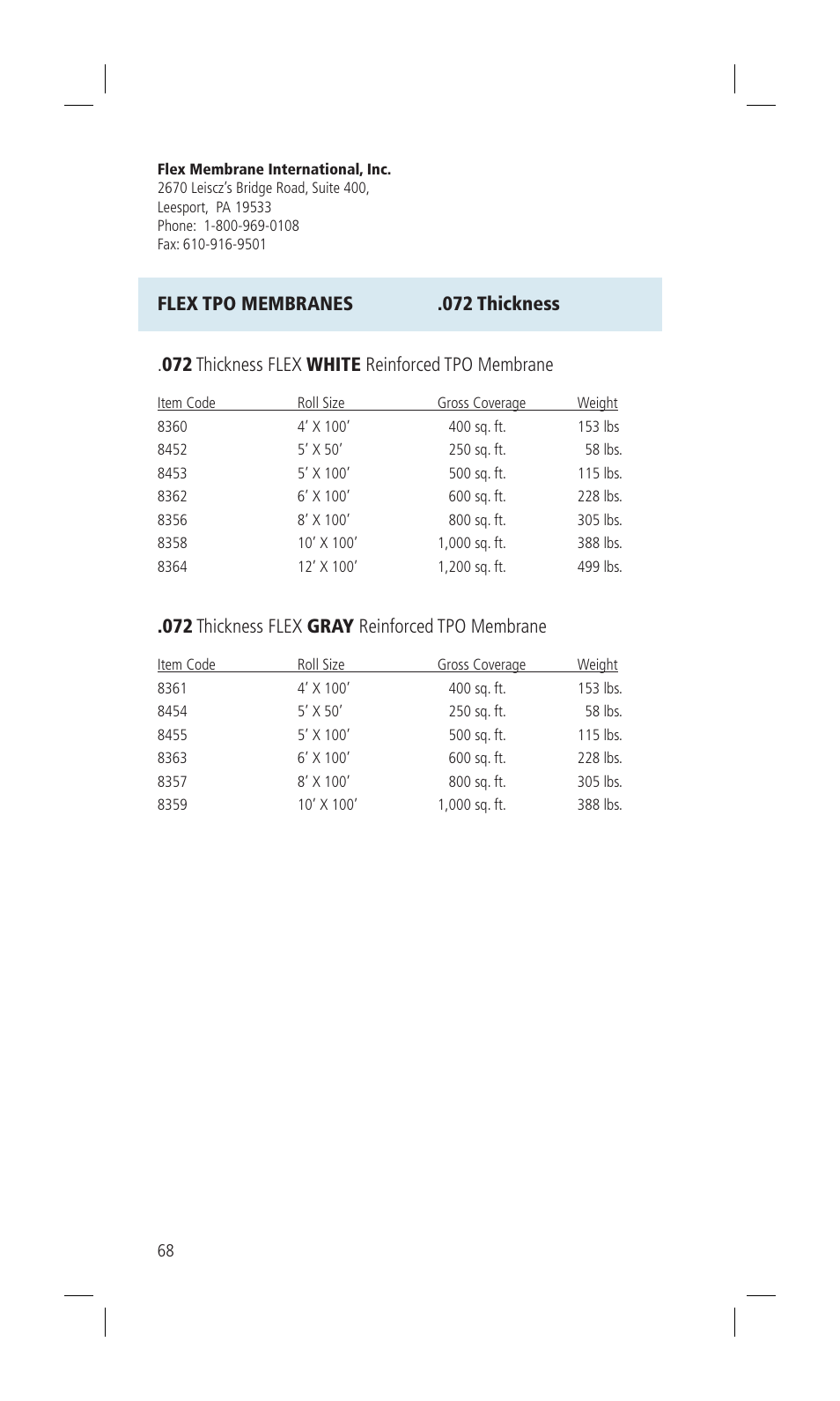 Flex tpo membranes .072 thickness, 072 thickness flex white reinforced tpo membrane, 072 thickness flex gray reinforced tpo membrane | Flex TPO Для дома User Manual | Page 68 / 80