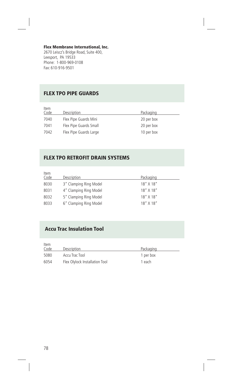 Flex tpo pipe guards, Flex tpo retrofit drain systems, Accu trac insulation tool | Flex TPO Для дома User Manual | Page 78 / 80