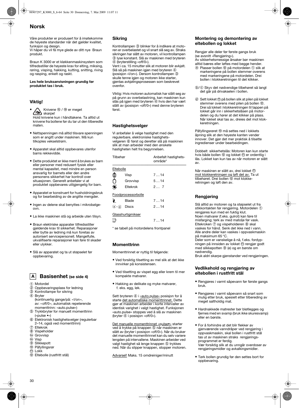 Basisenhet, Norsk | Braun MultiSystem K 3000 User Manual | Page 29 / 61