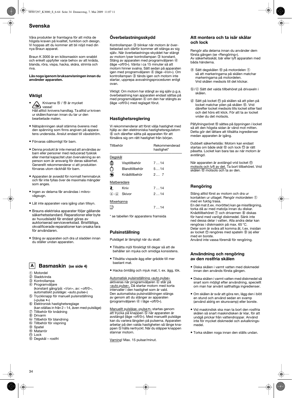 Basmaskin, Svenska | Braun MultiSystem K 3000 User Manual | Page 33 / 61