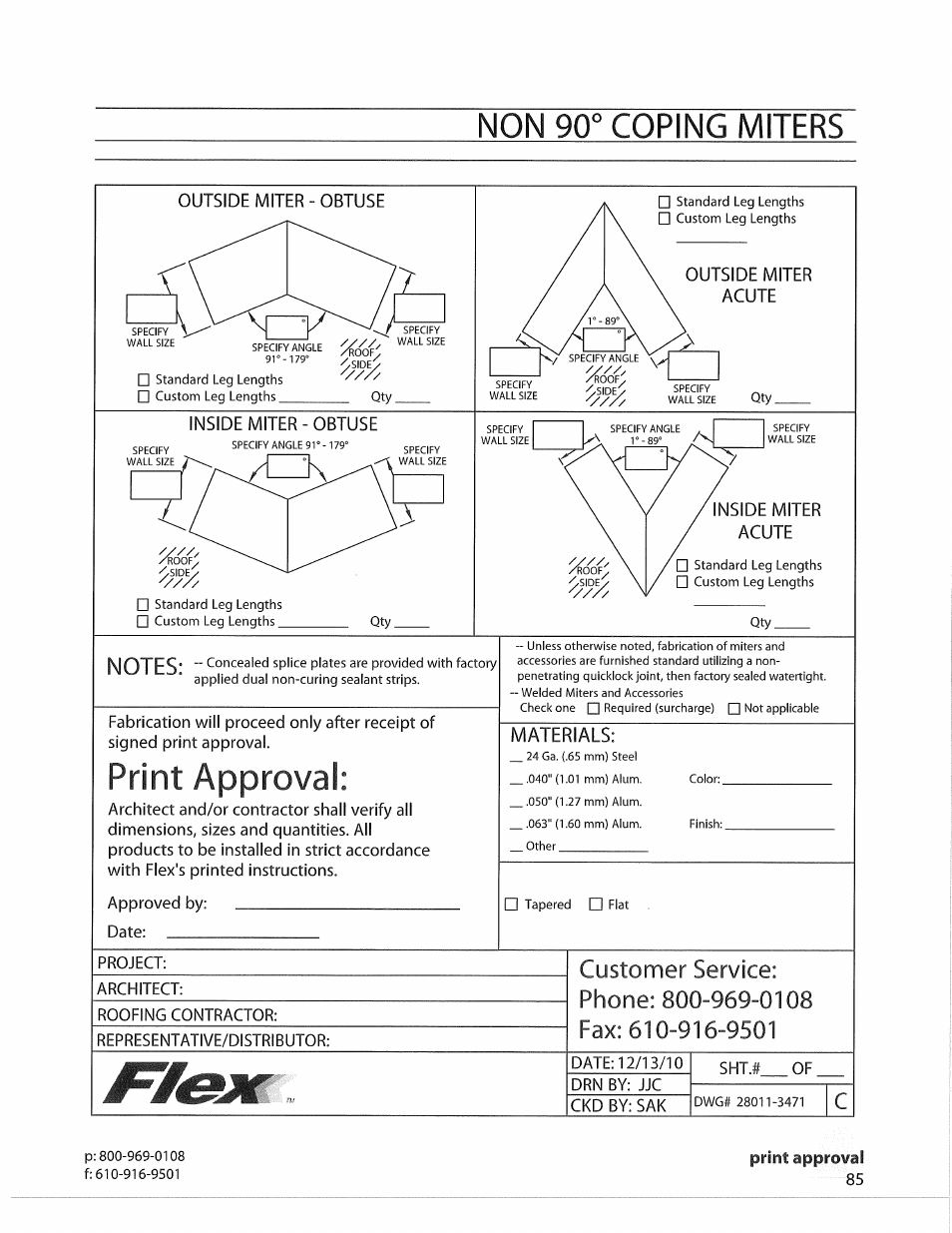 Non 90° coping miters, Print approval, Customer service | Phone:800-969-0108, Fax:610-916-9501 | Flex FLC Coping User Manual | Page 15 / 30