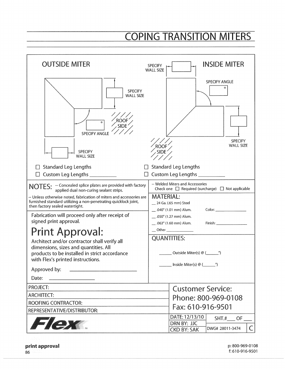 Coping transition miters, Print approval, Quantities | Approval | Flex FLC Coping User Manual | Page 16 / 30