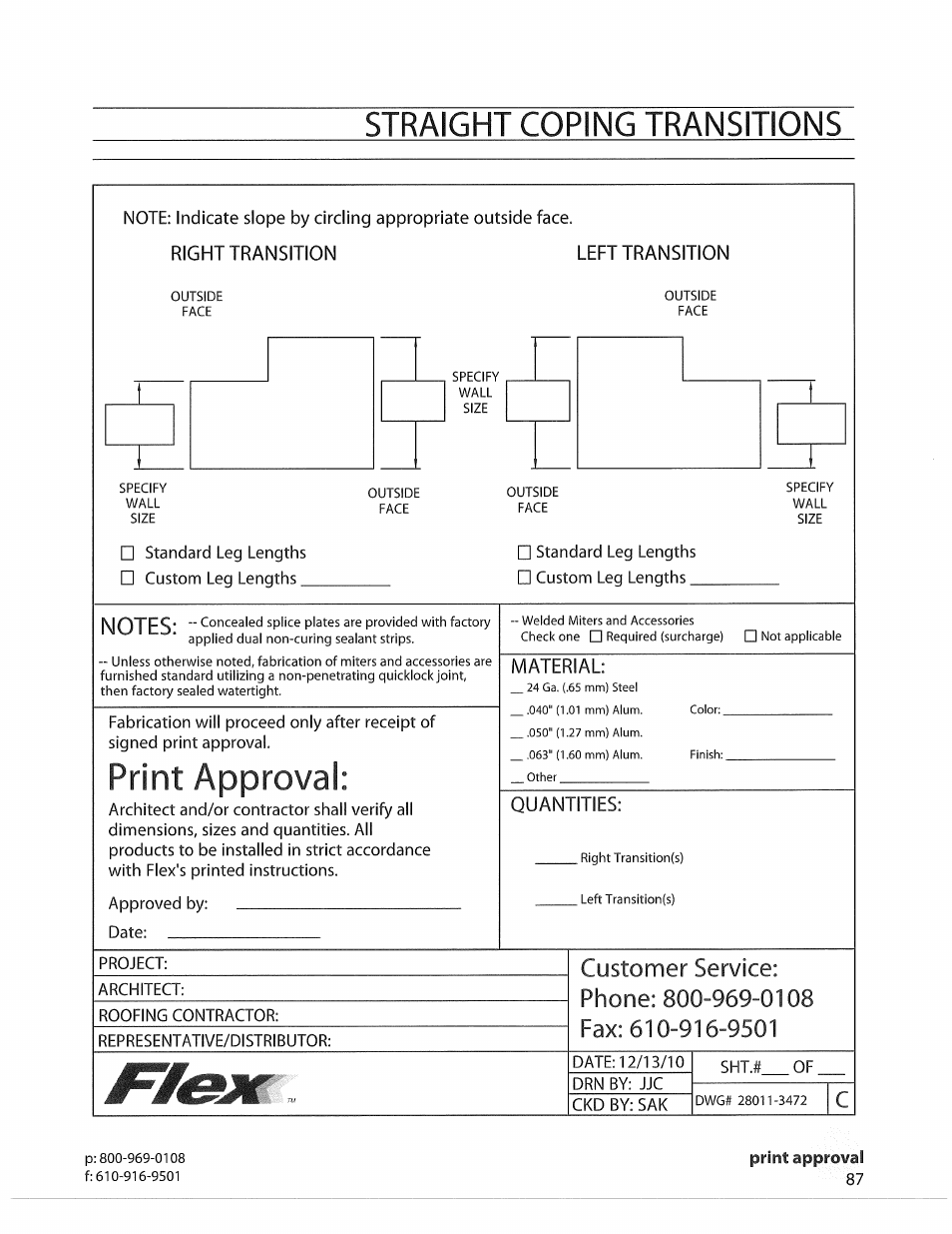 Straight coping transitions, Print approval, Approval | Right transition, Left transition, Material, Quantities | Flex FLC Coping User Manual | Page 17 / 30