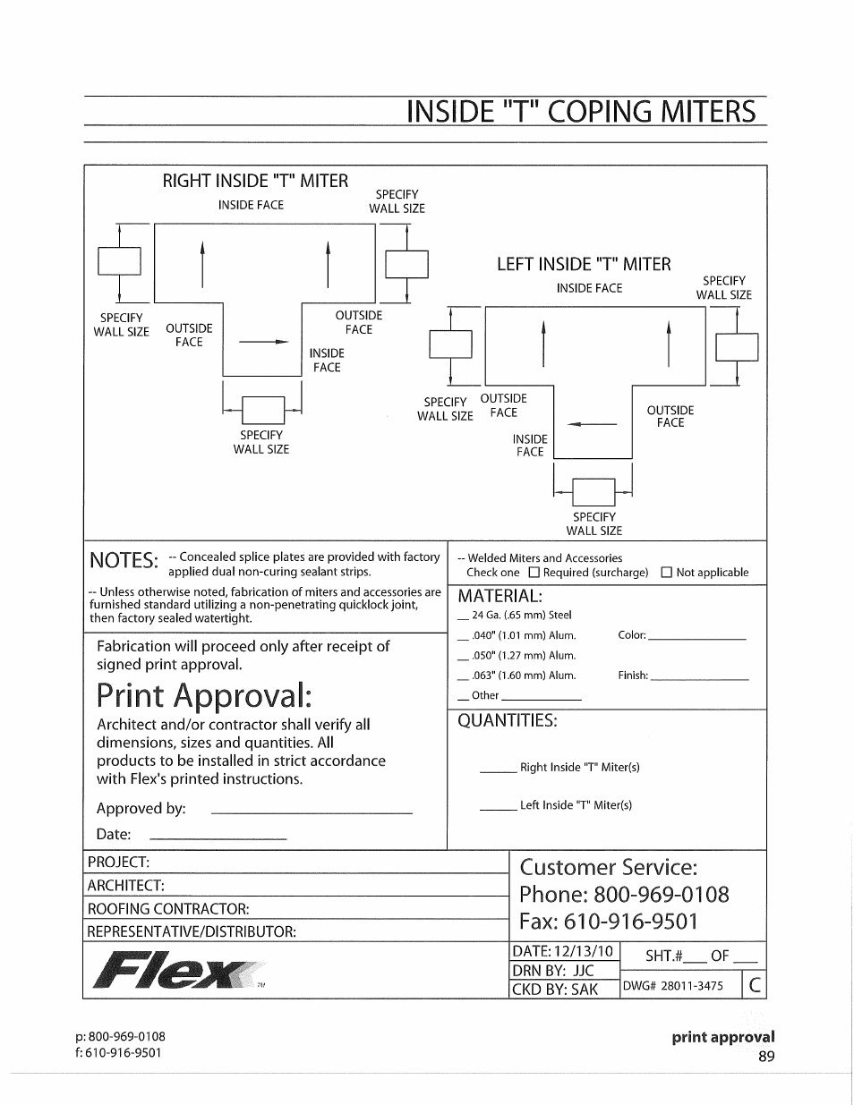 Left inside "t" miter, Print approval, Quantities | Inside "t" coping miters, Right inside "t" miter, Material | Flex FLC Coping User Manual | Page 19 / 30