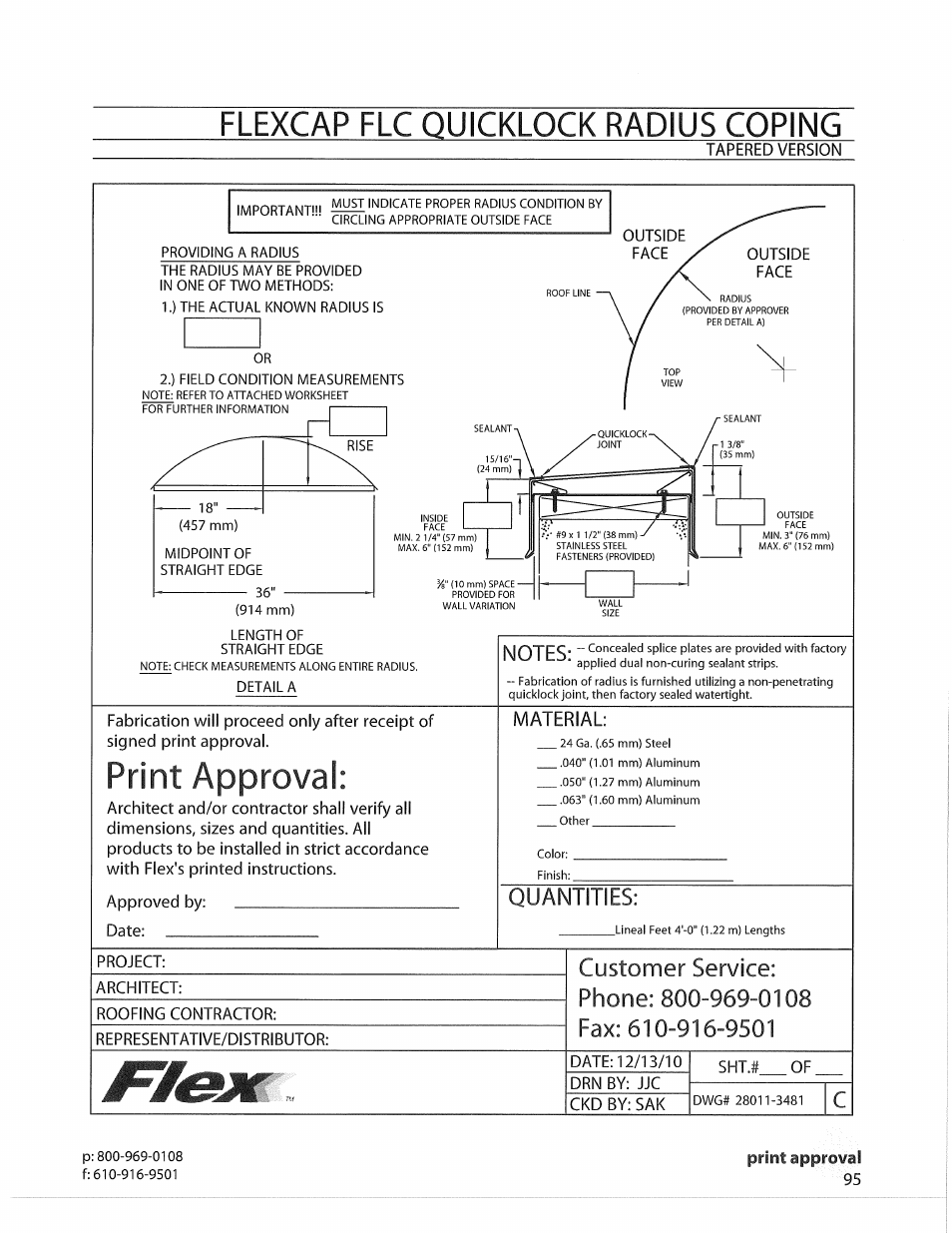 Print approval, Material, Flexcap flc quicklock radius coping | Quantities | Flex FLC Coping User Manual | Page 25 / 30