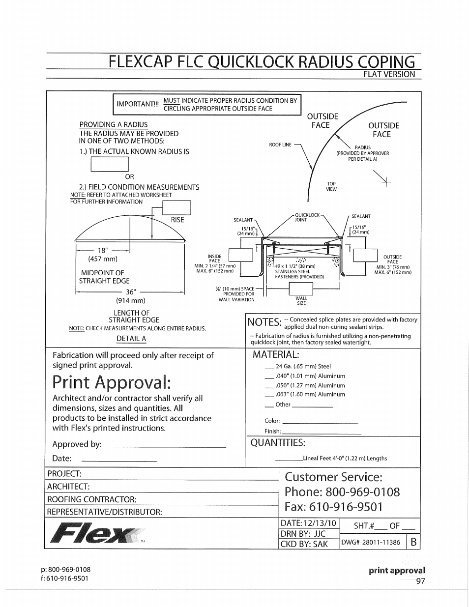 Print approval, Material, Quantities | Flexcap flc quicklock radius coping | Flex FLC Coping User Manual | Page 27 / 30