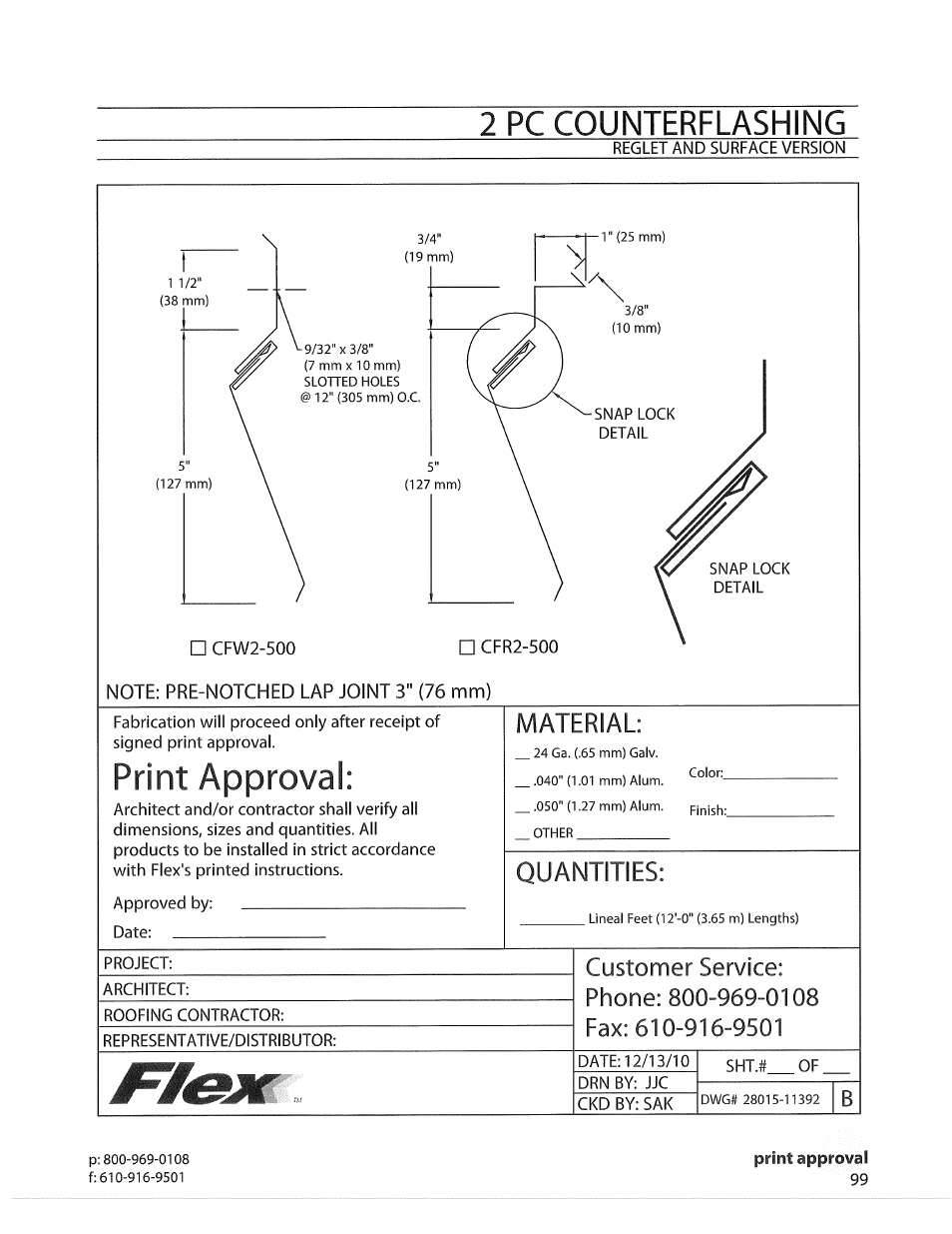 Note: pre-notched lap joint 3" (76 mm), Print approval, Material | Quantities, Customer service, Phone:800-969-0108, Fax:610-916-9501, 2 pc counterflashing | Flex FLC Coping User Manual | Page 29 / 30