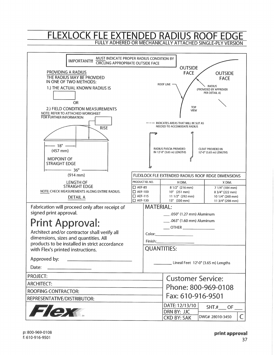 Print approval, Quantities, Flexlock fle extended radius roof edge | Mate rial | Flex FLE Extended Roof Edge User Manual | Page 5 / 5