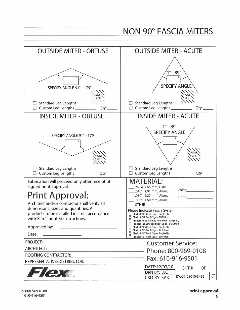 Non 90° fascia miters, Outside miter - obtuse, Standard leg lengths | Custom leg lengths, Outside miter - acute, Inside miter-obtuse, Inside miter-acute, Print approval, Material, Outside miter - acute inside miter-obtuse | Flex FLE Roof Edge User Manual | Page 6 / 9