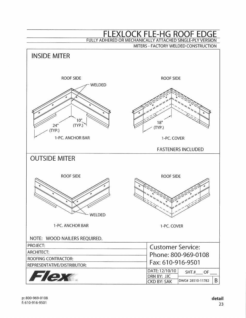 Fasteners included, Outside miter, Note: wood nailers required | Flexlock fle-hg roof edge, Inside miter | Flex FLE-HG Roof Edge User Manual | Page 5 / 7