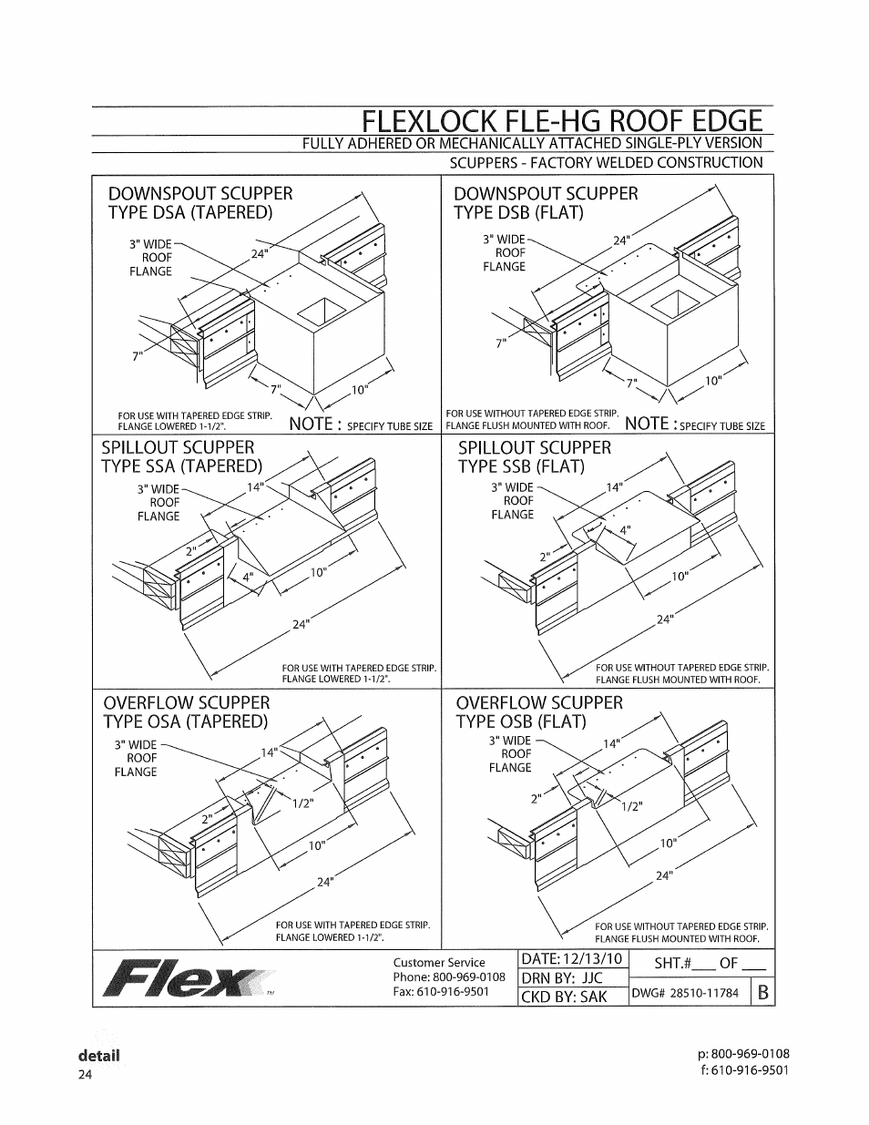Flexlock fle-hg roof edge, Downspout scupper type dsa (tapered), Downspout scupper type dsb (flat) | Spillout scupper type ssa (tapered), Spillout scupper type ssb (flat), Overflow scupper type osa (tapered), Overflow scupper type osb (flat) | Flex FLE-HG Roof Edge User Manual | Page 6 / 7