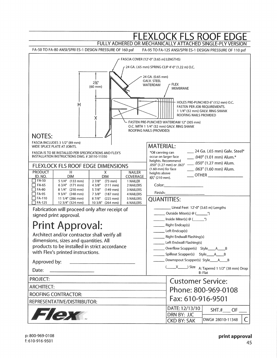 Flexlock fls roof edge dimensions, Print approval, Quantities | Flexlock fls roof edge, Material, Ckd by: sak, Print approval 45 | Flex FLS Roof Edge User Manual | Page 2 / 5