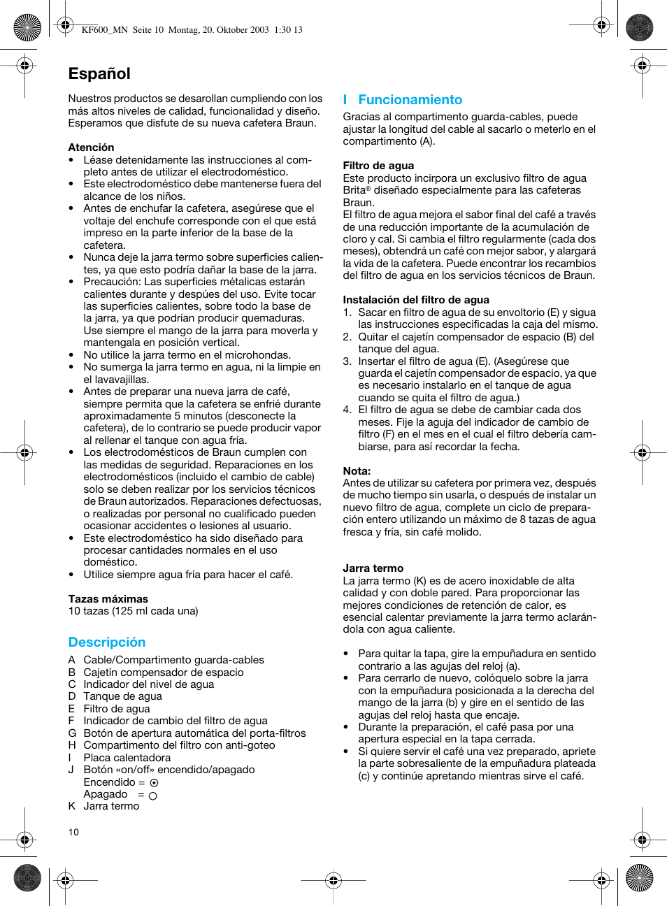 Español, Descripción, I funcionamiento | Braun Combimax KF 600 User Manual | Page 10 / 54