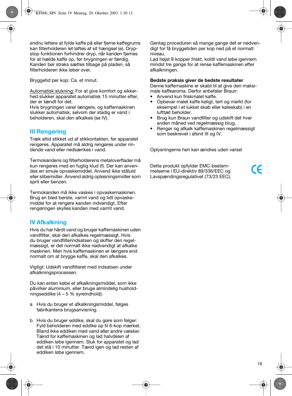 Iii rengøring, Iv afkalkning | Braun Combimax KF 600 User Manual | Page 19 / 54