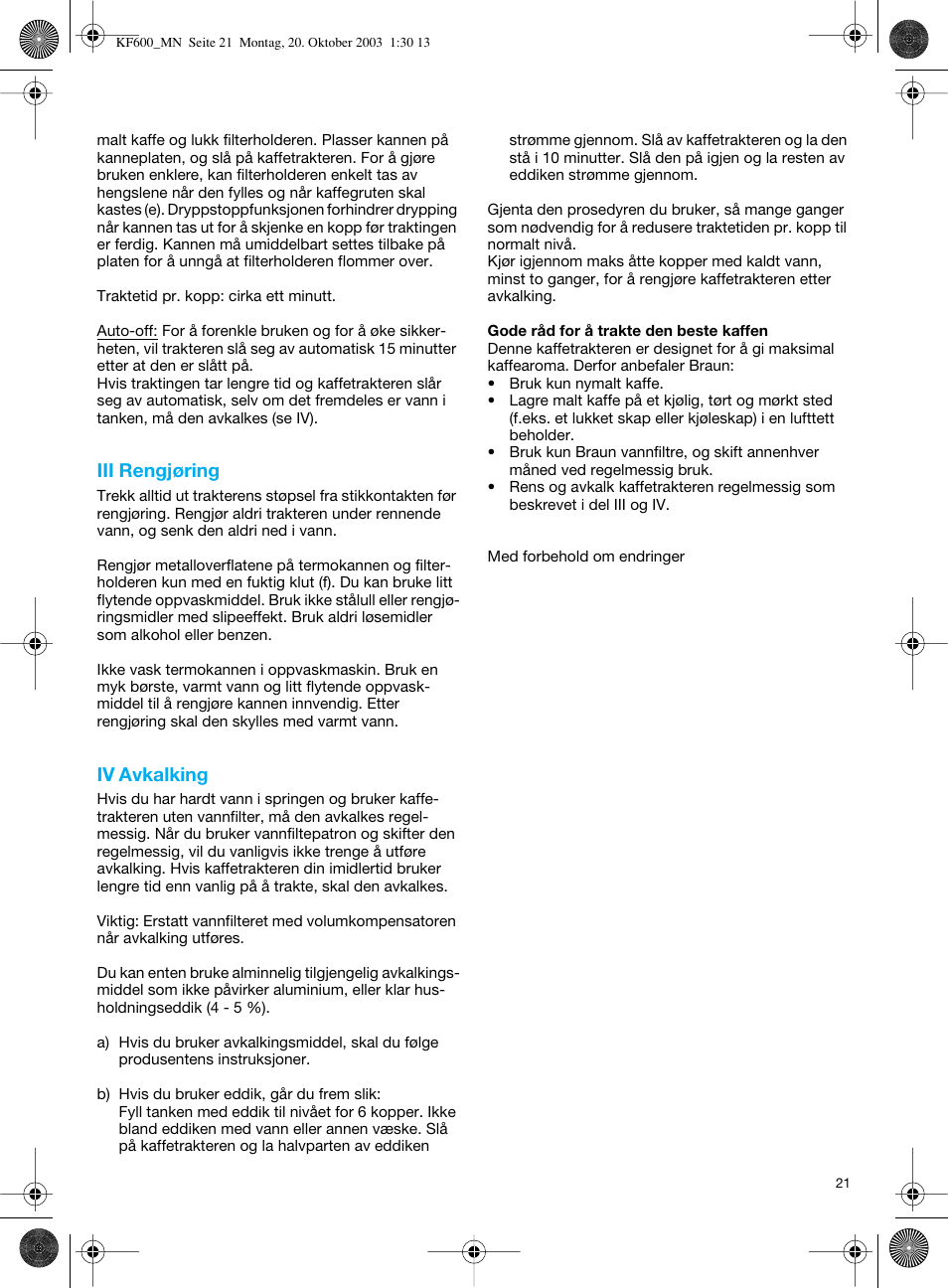 Iii rengjøring, Iv avkalking | Braun Combimax KF 600 User Manual | Page 21 / 54