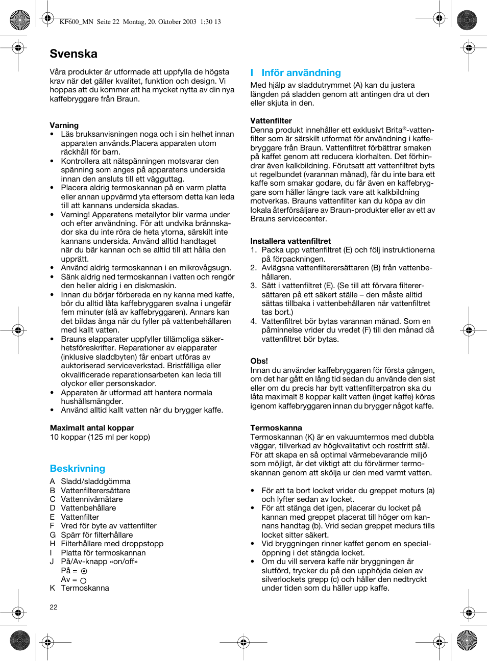 Svenska, Beskrivning, I inför användning | Braun Combimax KF 600 User Manual | Page 22 / 54