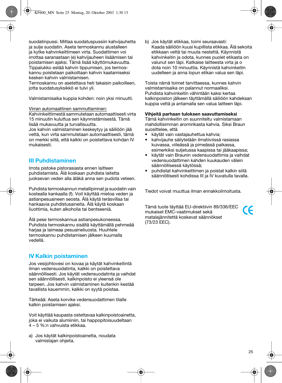 Iii puhdistaminen, Iv kalkin poistaminen | Braun Combimax KF 600 User Manual | Page 25 / 54