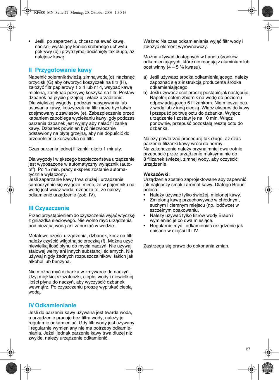 Ii przygotowanie kawy, Iii czyszczenie, Iv odkamienianie | Braun Combimax KF 600 User Manual | Page 27 / 54