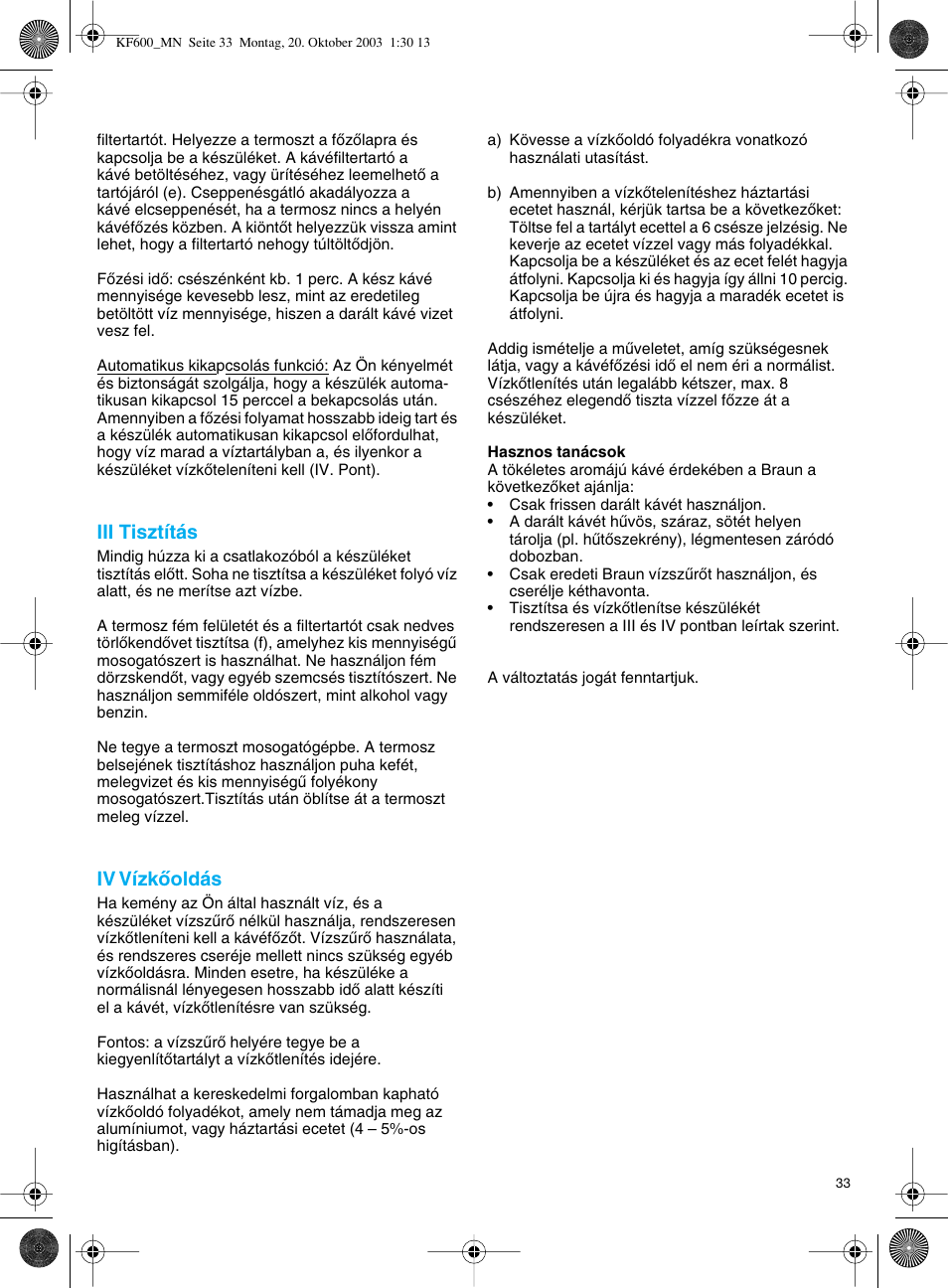 Iii tisztítás, Iv vízkœoldás | Braun Combimax KF 600 User Manual | Page 33 / 54
