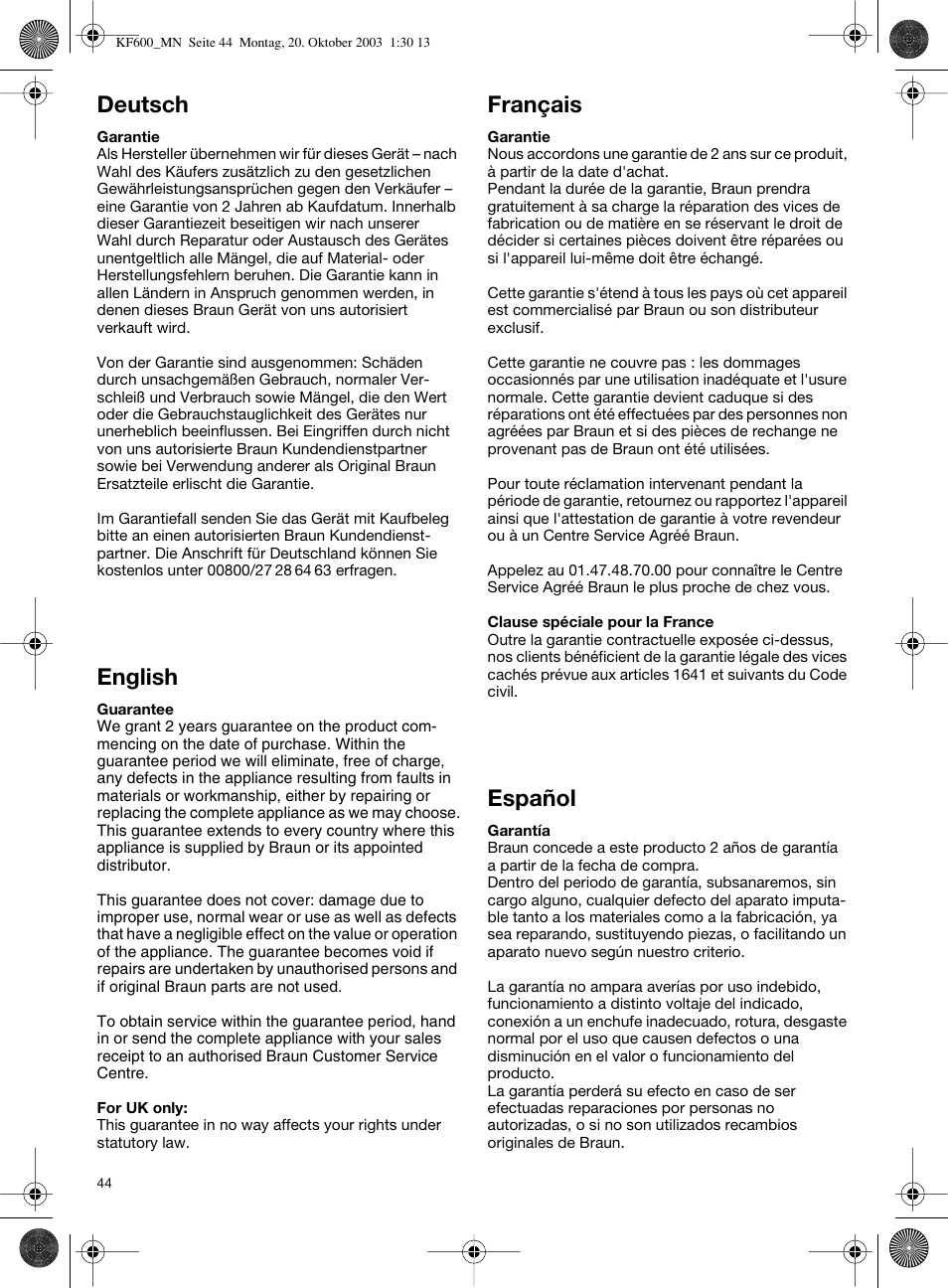 Deutsch, English, Français | Español | Braun Combimax KF 600 User Manual | Page 44 / 54