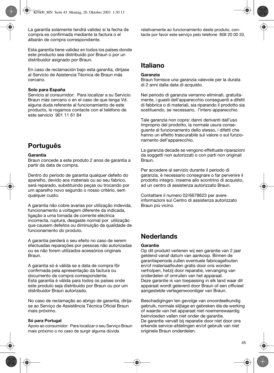 Português, Italiano, Nederlands | Braun Combimax KF 600 User Manual | Page 45 / 54
