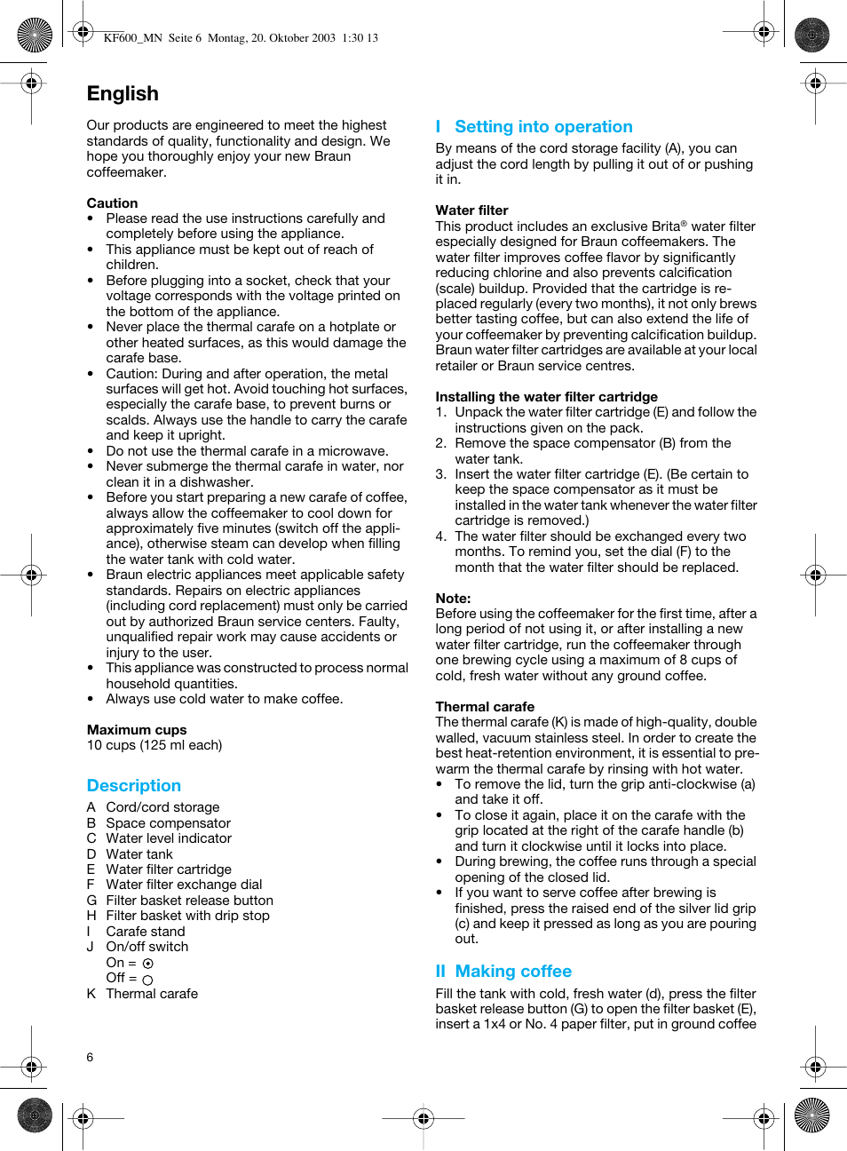 English, Description, I setting into operation | Ii making coffee | Braun Combimax KF 600 User Manual | Page 6 / 54