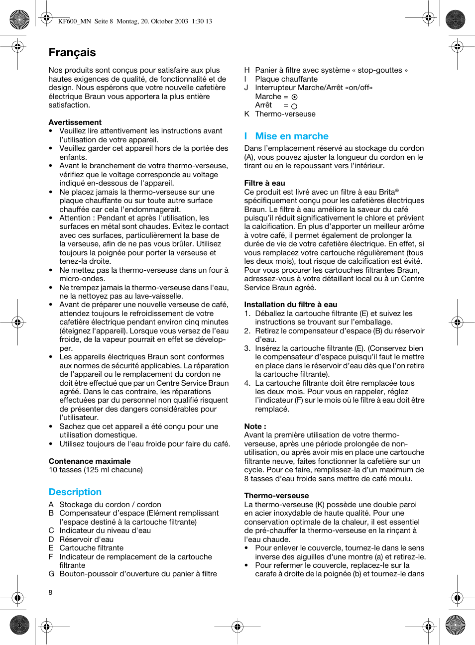 Français, Description, I mise en marche | Braun Combimax KF 600 User Manual | Page 8 / 54