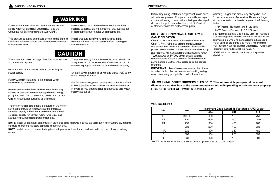 Warning, Caution | Flint & Walling 4 (10 cm) Stainless Commander S Series User Manual | Page 2 / 11